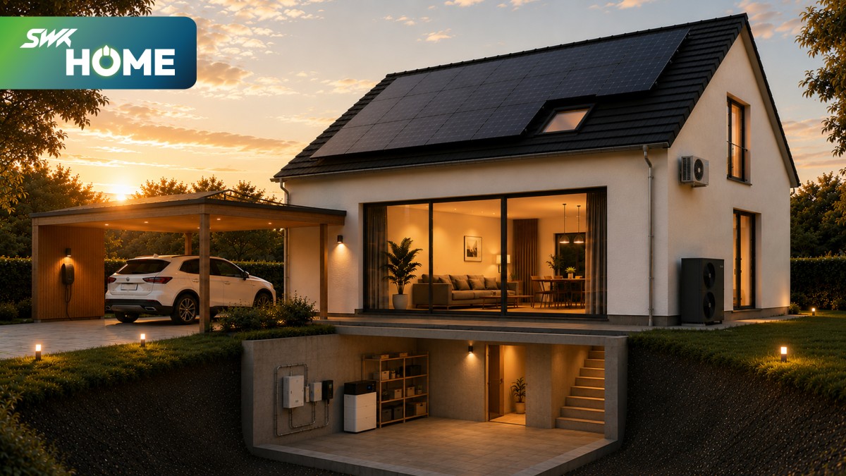 Modernes Einfamilienhaus mit großer Glasfront und offener Sicht in den Keller. Unter dem Carport mit einer Wallbox steht ein Auto. Das Haus hat hat eine Solaranlage auf dem Dach. Außen ist noch eine Klimaanlage und Wärmepumpe zu erkennen. Im Keller steht ein Batteriespeicher.