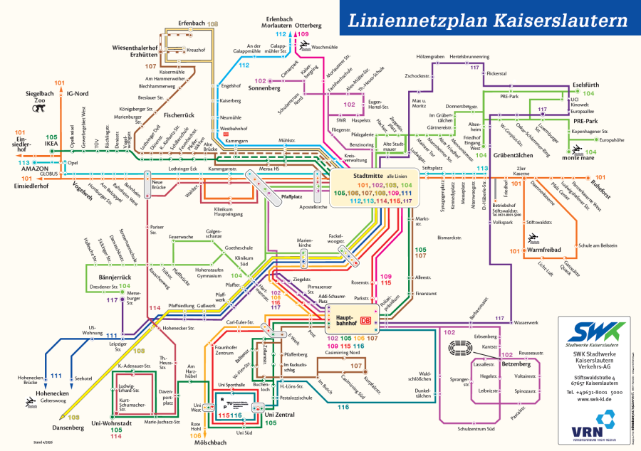 Liniennetzplan für Kaiserslautern mit farblich markierten Buslinien, Haltestellen und Verbindungen im öffentlichen Nahverkehr.