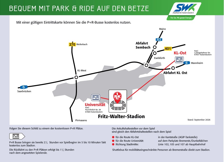 Anfahrtskarte zum Fritz-Walter-Stadion mit Park-and-Ride-Stationen Universität und KL-Ost/Schweinsfeld, Wegbeschreibung von Mainz, Mannheim, Saarbrücken.