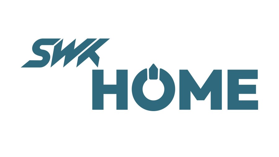 SWK HOME Logo in Blau mit stilisiertem Ausschalter als O.