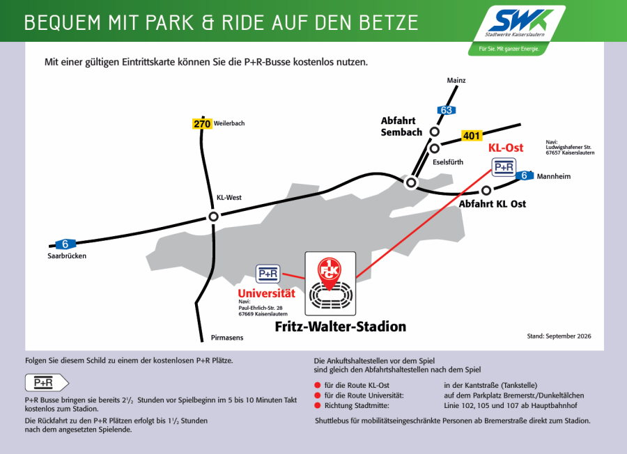 Map showing how to get to the Fritz-Walter-Stadion, including the ‘Park and Ride’ stations at the University and KL-Ost/Schweinsfeld, and directions from Mainz, Mannheim and Saarbrücken.