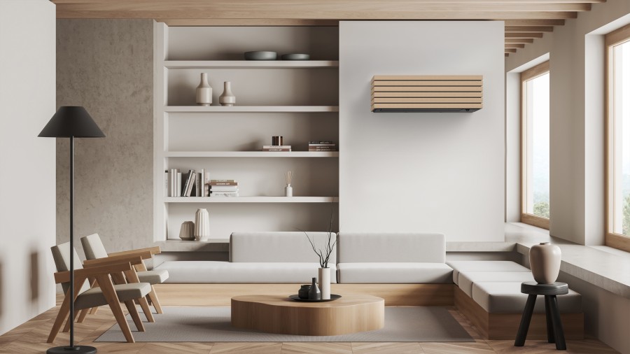 Modernes Wohnzimmer mit Klimaanlage in Holzoptik an der Wand.