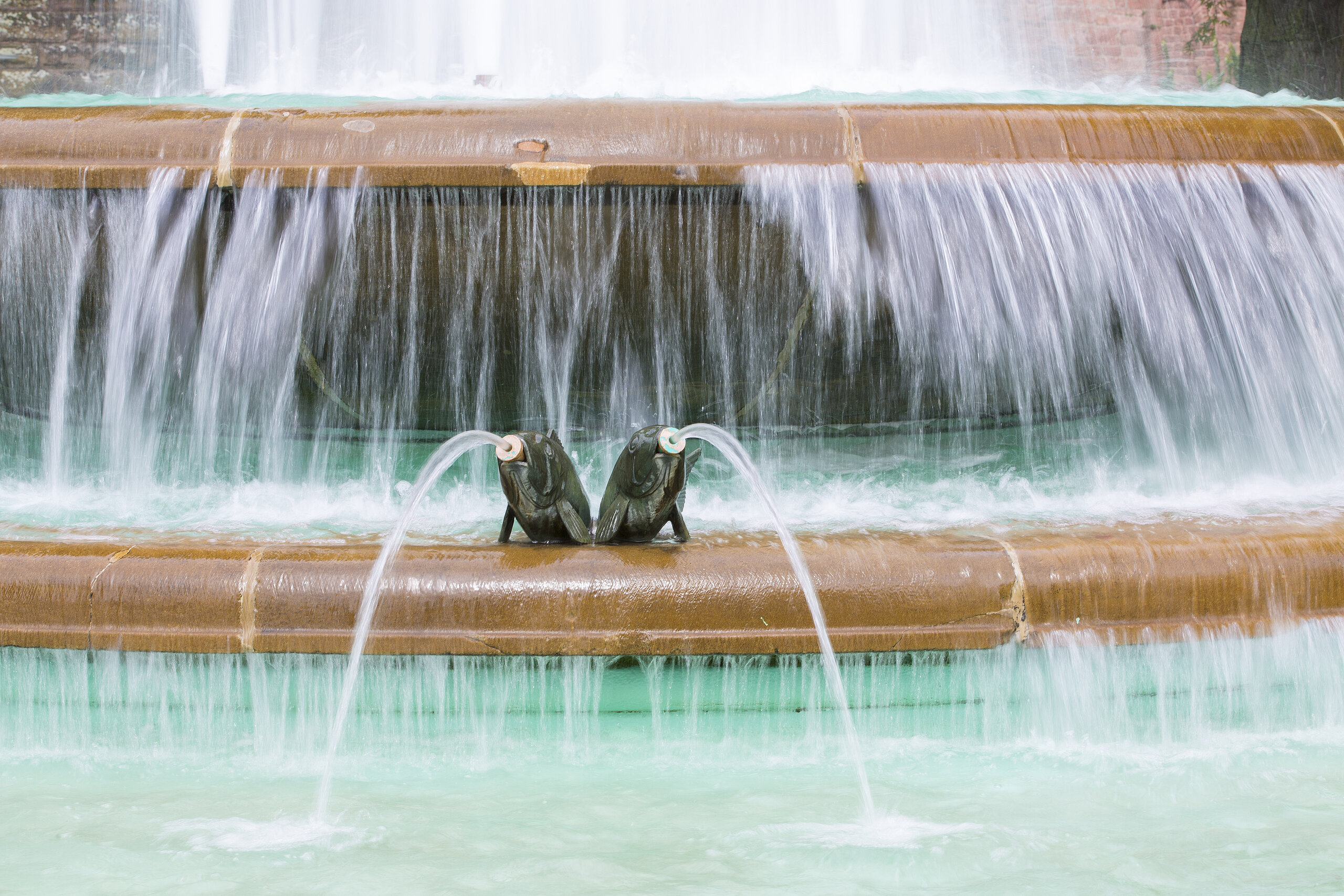 Brunnen mit Wasser und zwei Fischen die Wasser spucken