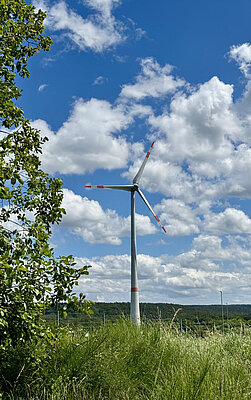 Windrad auf grüner Fläche bei bewölktem Himmel 