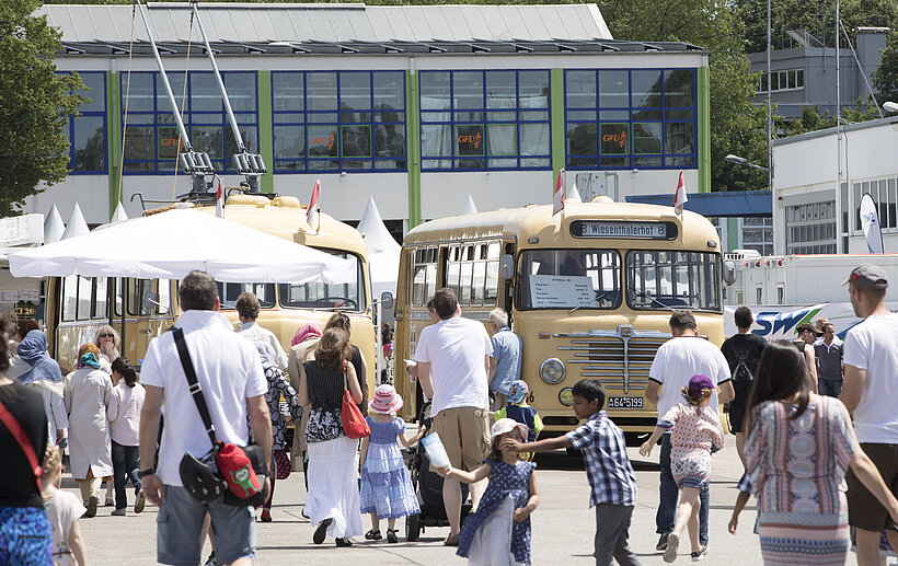 Menschenmenge auf Gelände mit Oldtimer-Bussen