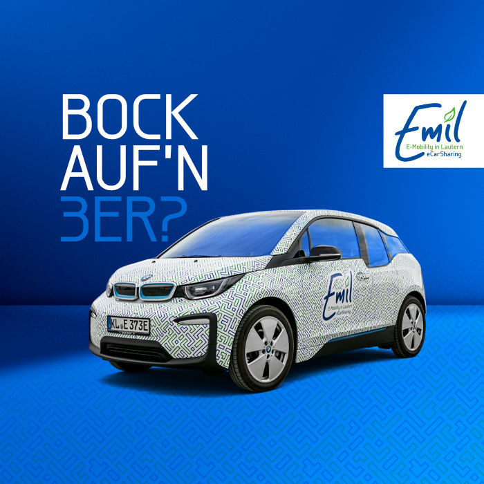 BMW i3 blauer Hintergrund Emil eCar-Sharing SWK mit Slogan Bock auf´n 3er? und Emil Logo