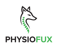Logo PHYSIOFUX. Umrandung eines Fuchskopfes im Profil. Wirbelsäule grafisch am Hals hervorgehoben..