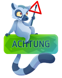 Animierter Lemur sitzt auf Schild mit Aufschrift Achtung und Warnschild in Hand